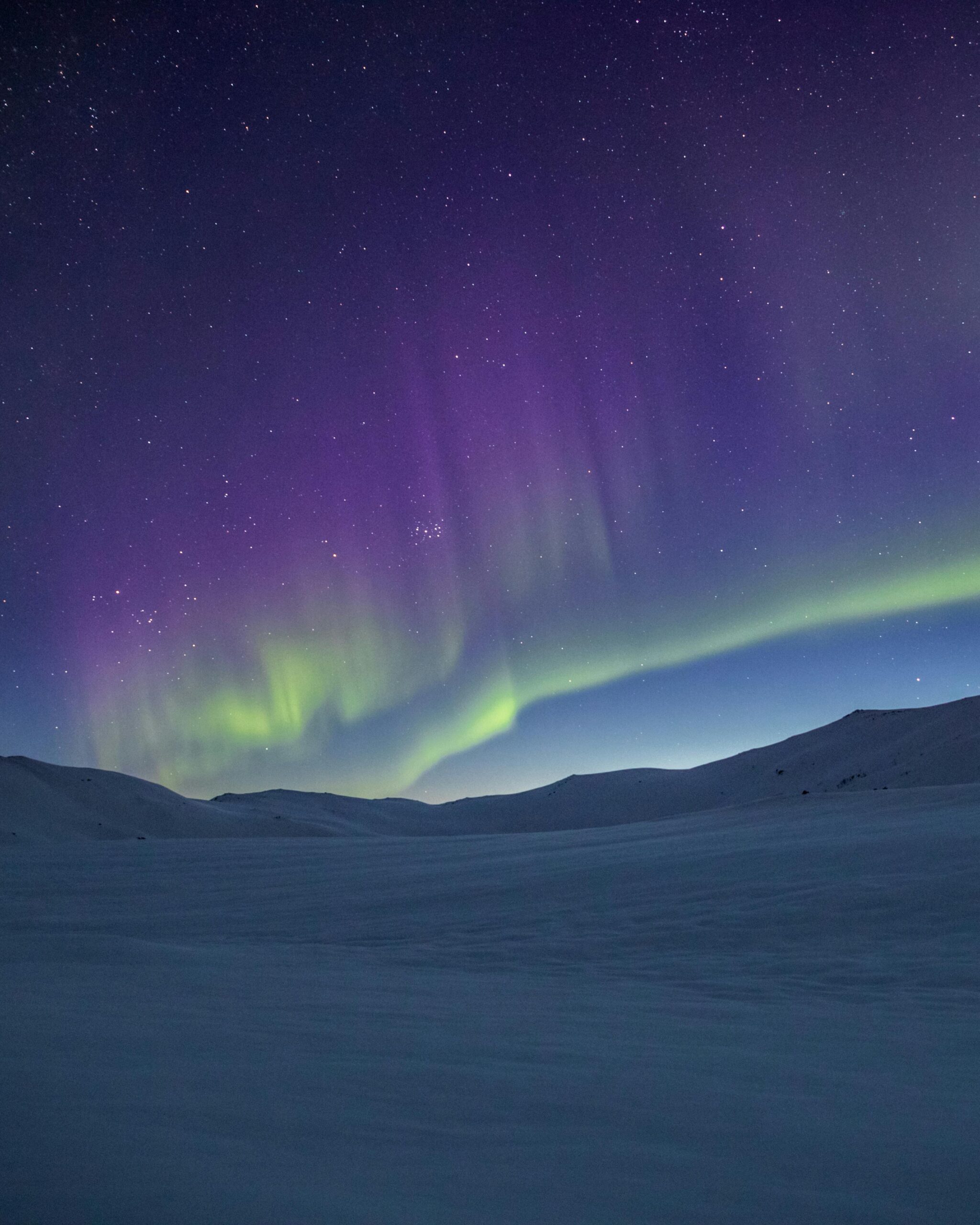 Captivating Northern Lights over a serene snowy landscape under a starry night sky.